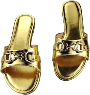 GORGLITTER Women's Gold Flat Sandals Metallic Comfortable Open Toe Slide Sandals Wedding Vacation Sandals