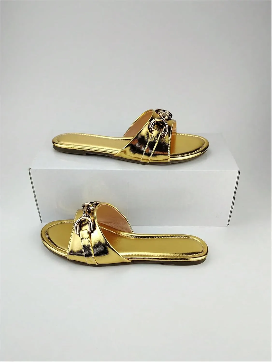 GORGLITTER Women's Gold Flat Sandals Metallic Comfortable Open Toe Slide Sandals Wedding Vacation Sandals