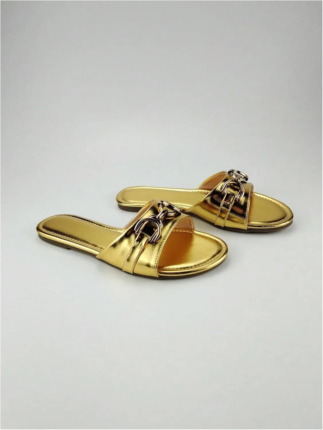 GORGLITTER Women's Gold Flat Sandals Metallic Comfortable Open Toe Slide Sandals Wedding Vacation Sandals