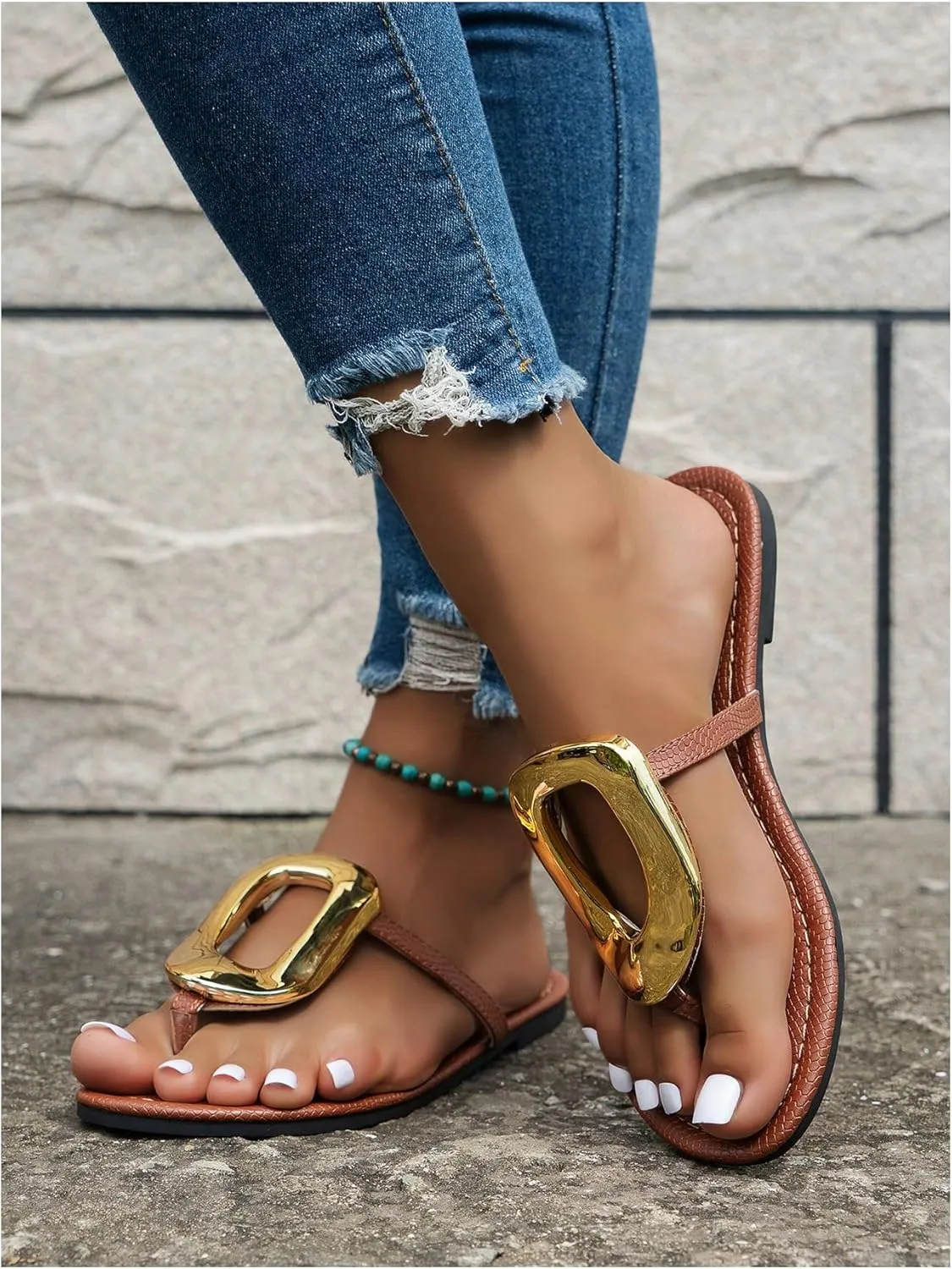GORGLITTER Women's Gold Flip Flops Thong Flat Sandals 2025 Dressy Summer Vacation Open Toe Slides