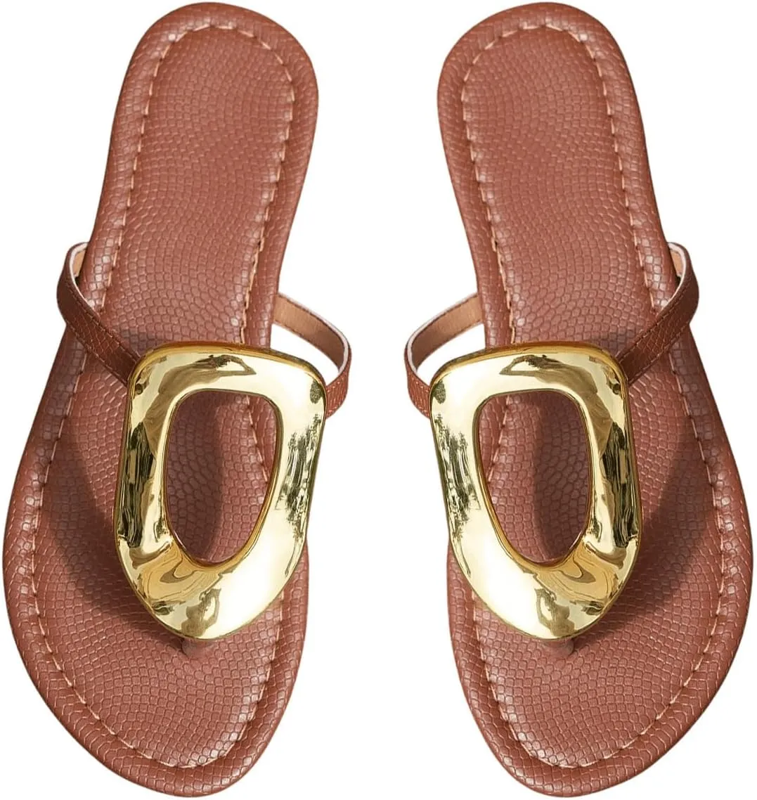 GORGLITTER Women's Gold Flip Flops Thong Flat Sandals 2025 Dressy Summer Vacation Open Toe Slides