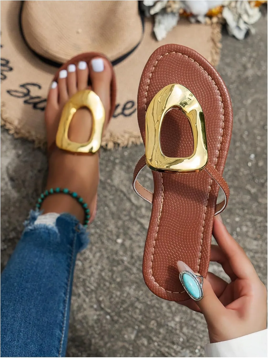 GORGLITTER Women's Gold Flip Flops Thong Flat Sandals 2025 Dressy Summer Vacation Open Toe Slides