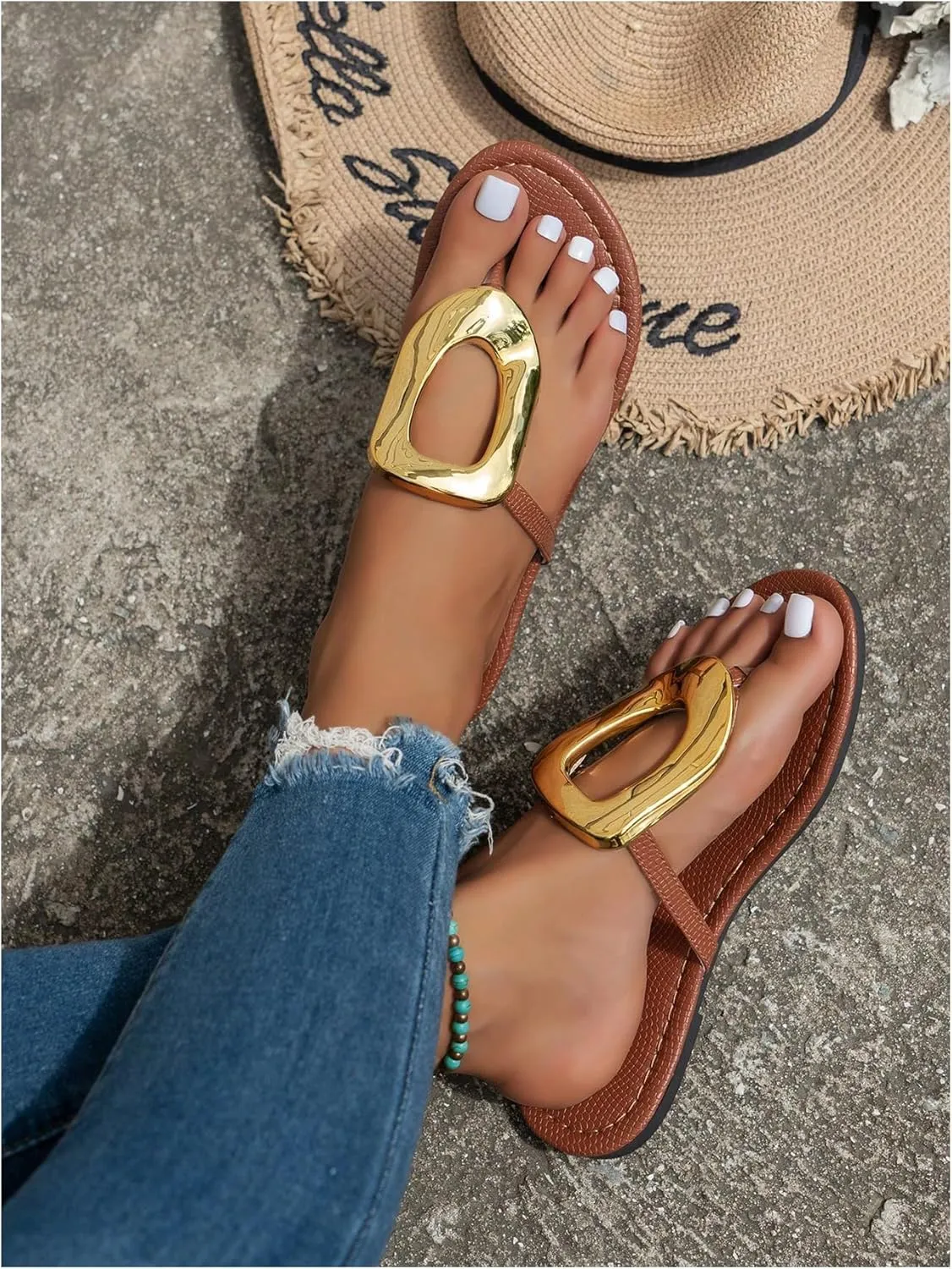 GORGLITTER Women's Gold Flip Flops Thong Flat Sandals 2025 Dressy Summer Vacation Open Toe Slides
