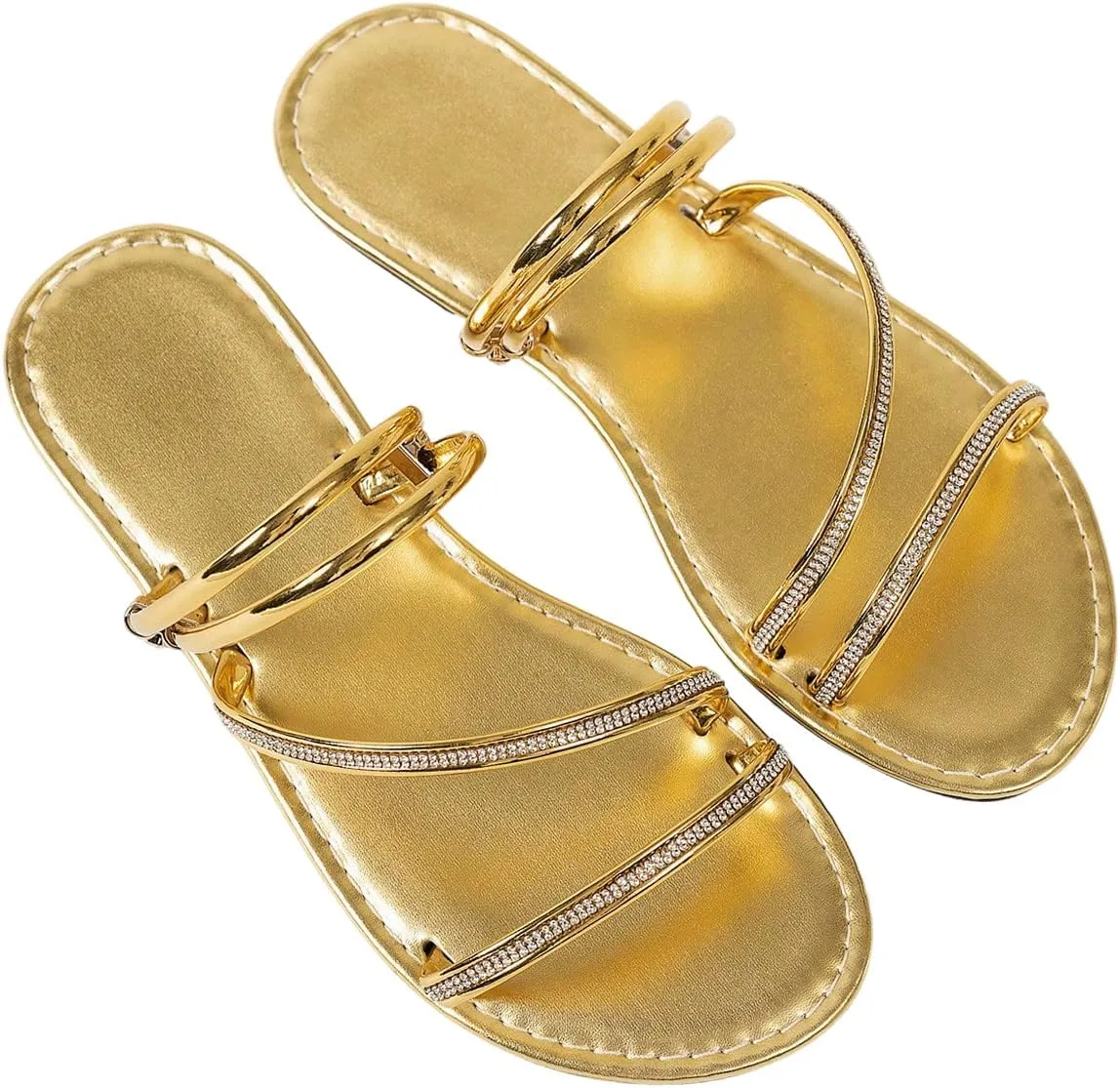 GORGLITTER Women's Metallic Strappy Sandals Dressy Rhinestone Sparkly Beach Sandals Open Toe Slip on Flat Slides