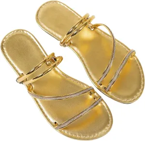 GORGLITTER Women's Metallic Strappy Sandals Dressy Rhinestone Sparkly Beach Sandals Open Toe Slip on Flat Slides