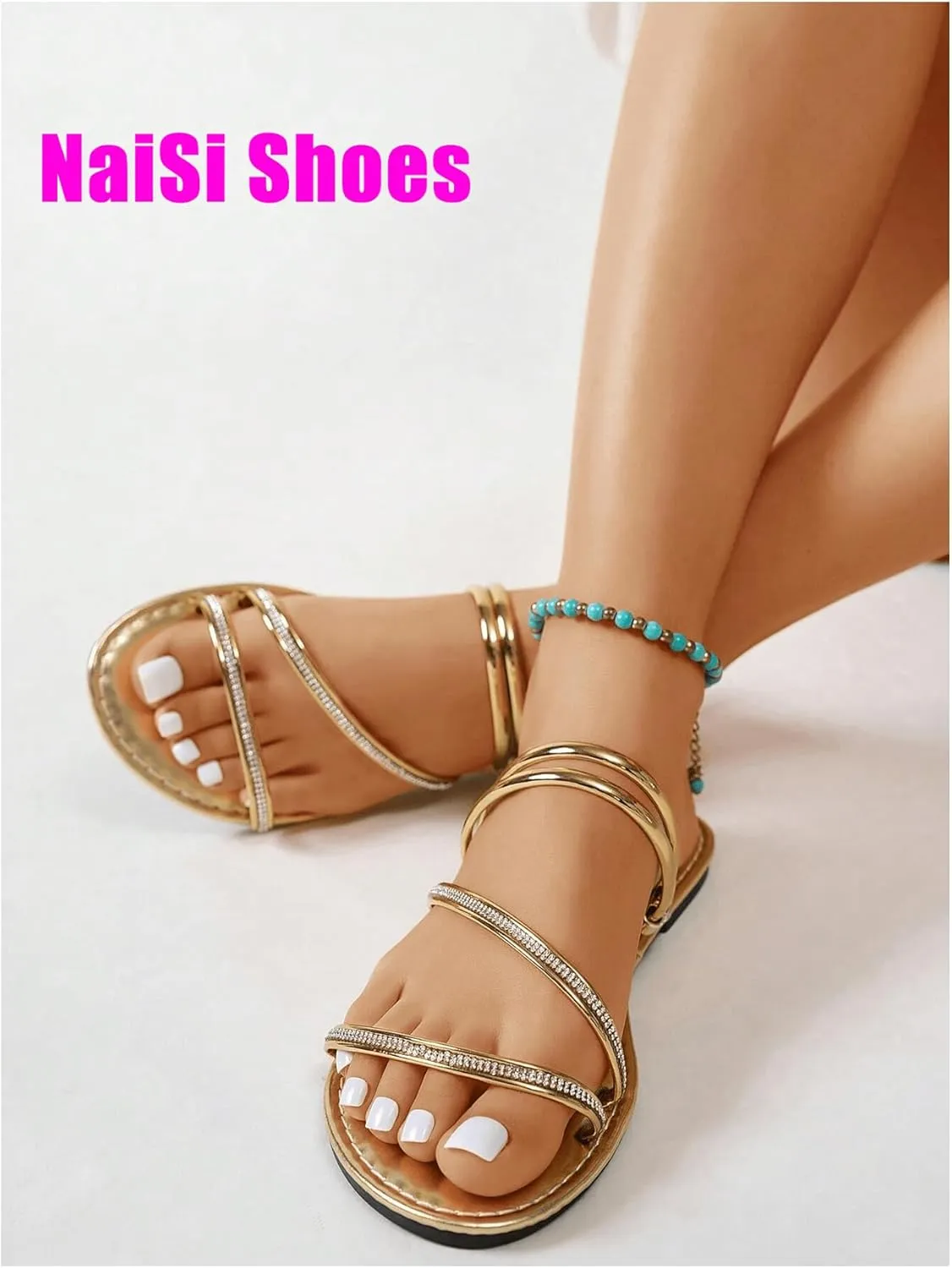 GORGLITTER Women's Metallic Strappy Sandals Dressy Rhinestone Sparkly Beach Sandals Open Toe Slip on Flat Slides