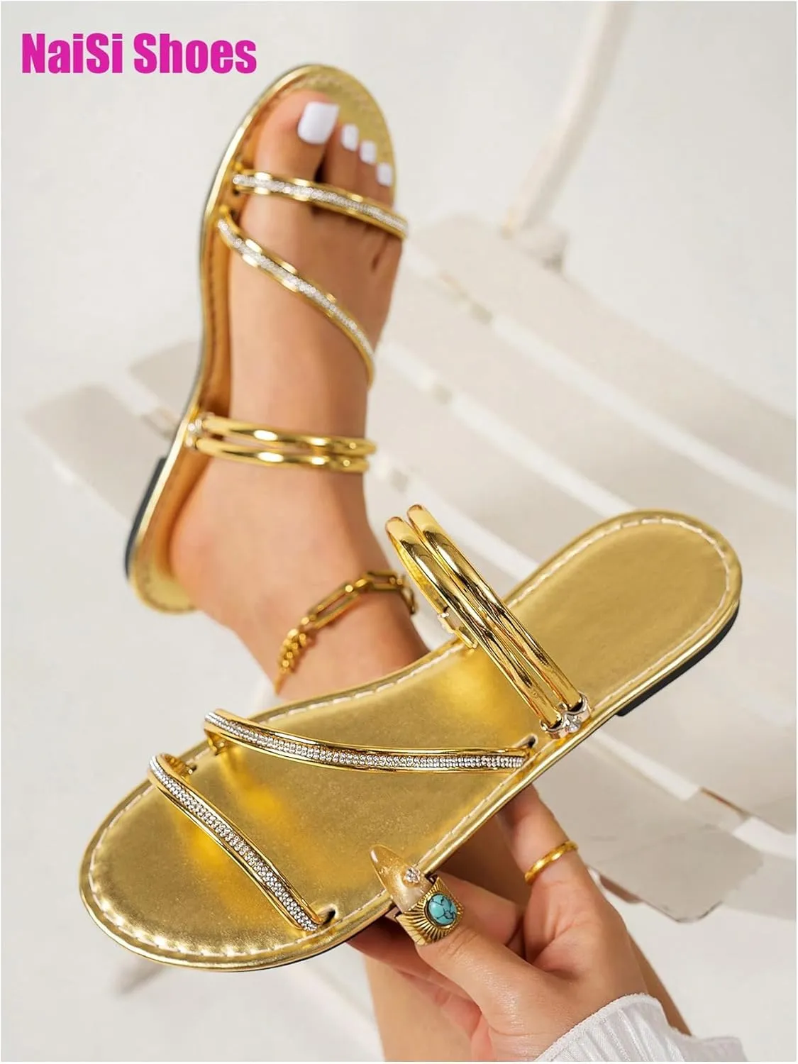 GORGLITTER Women's Metallic Strappy Sandals Dressy Rhinestone Sparkly Beach Sandals Open Toe Slip on Flat Slides