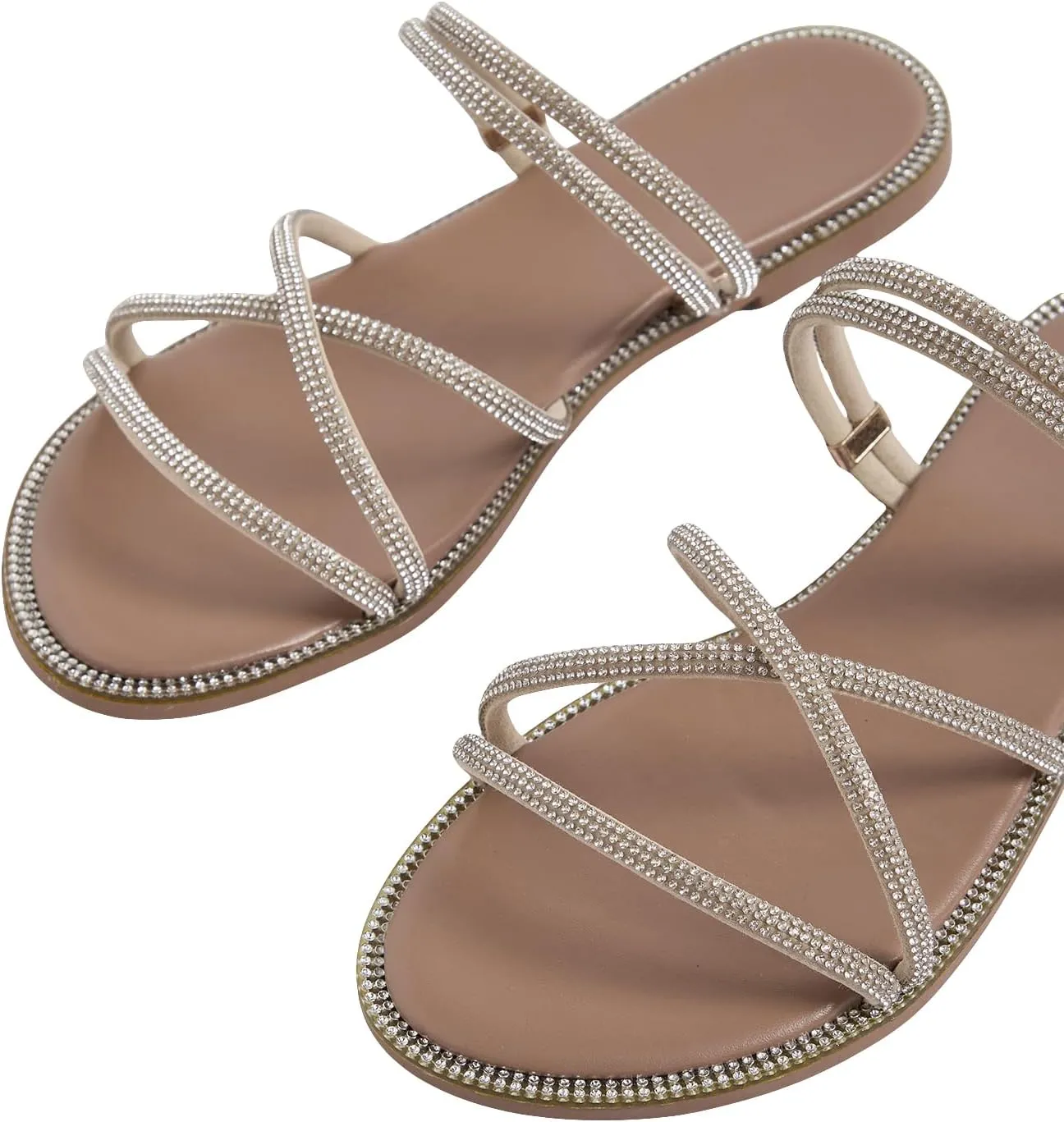GORGLITTER Women's Rhinestone Strappy Flat Sandals Criss Cross Slip on Slide Sandals