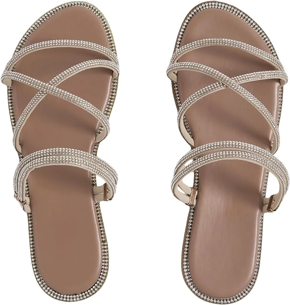 GORGLITTER Women's Rhinestone Strappy Flat Sandals Criss Cross Slip on Slide Sandals