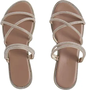 GORGLITTER Women's Rhinestone Strappy Flat Sandals Criss Cross Slip on Slide Sandals