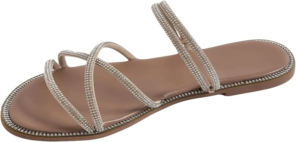 GORGLITTER Women's Rhinestone Strappy Flat Sandals Criss Cross Slip on Slide Sandals