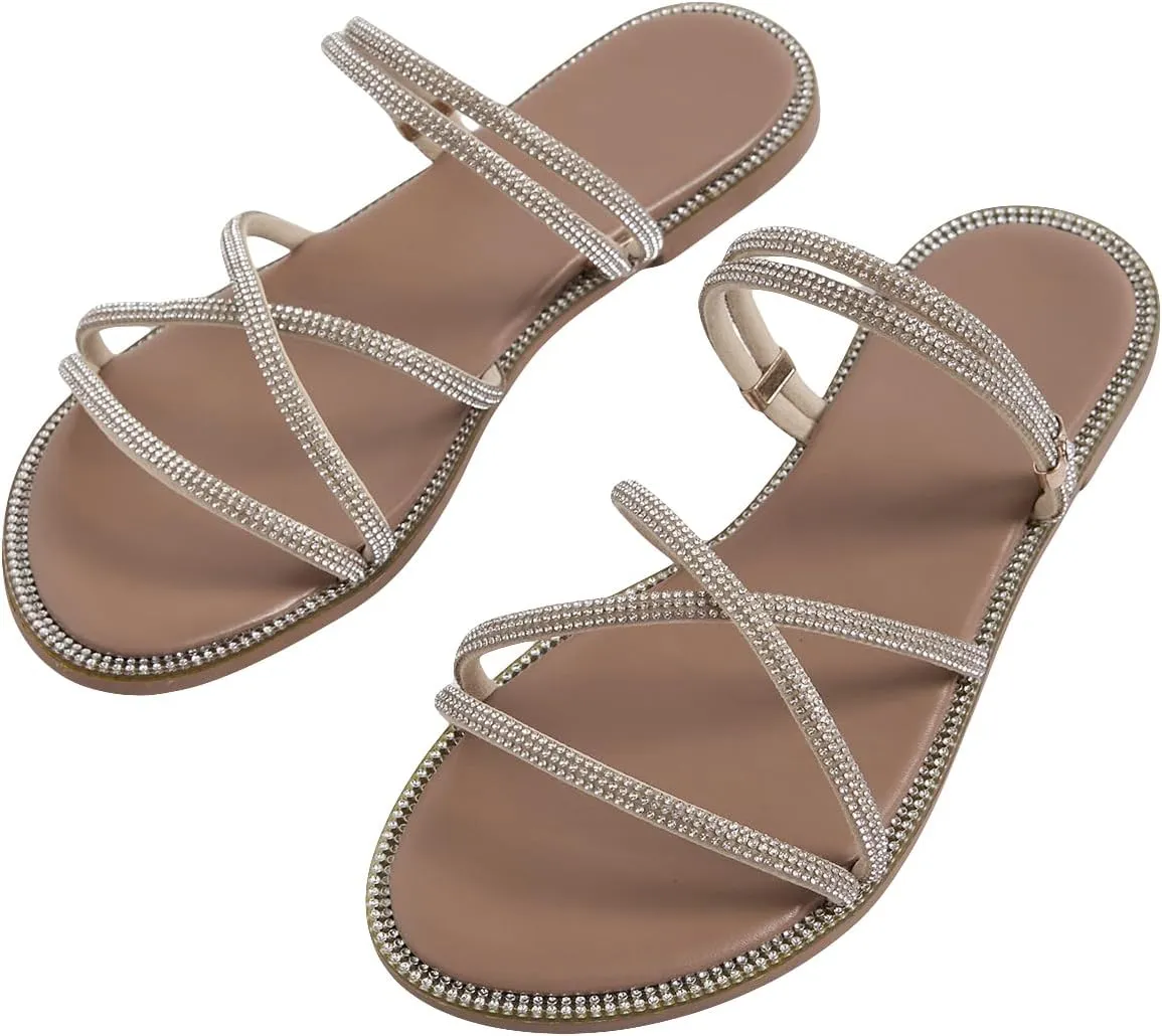 GORGLITTER Women's Rhinestone Strappy Flat Sandals Criss Cross Slip on Slide Sandals