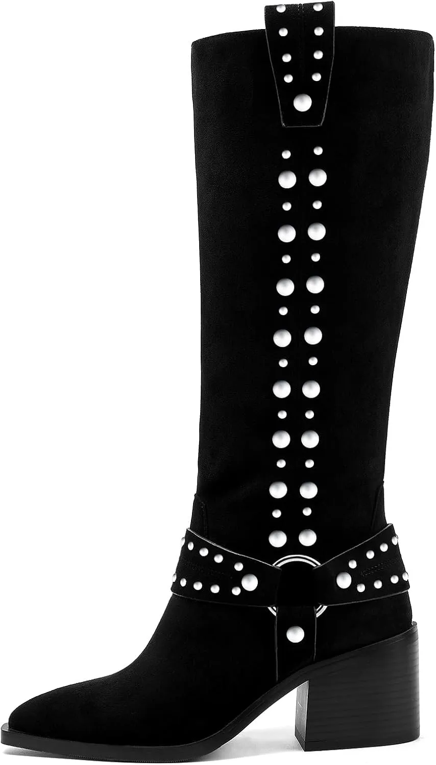 GOSERCE Suede Knee High Boots for Women Pointed Toe Chunky Heel Tall Fall Boots Side Zipper with stud Details Black