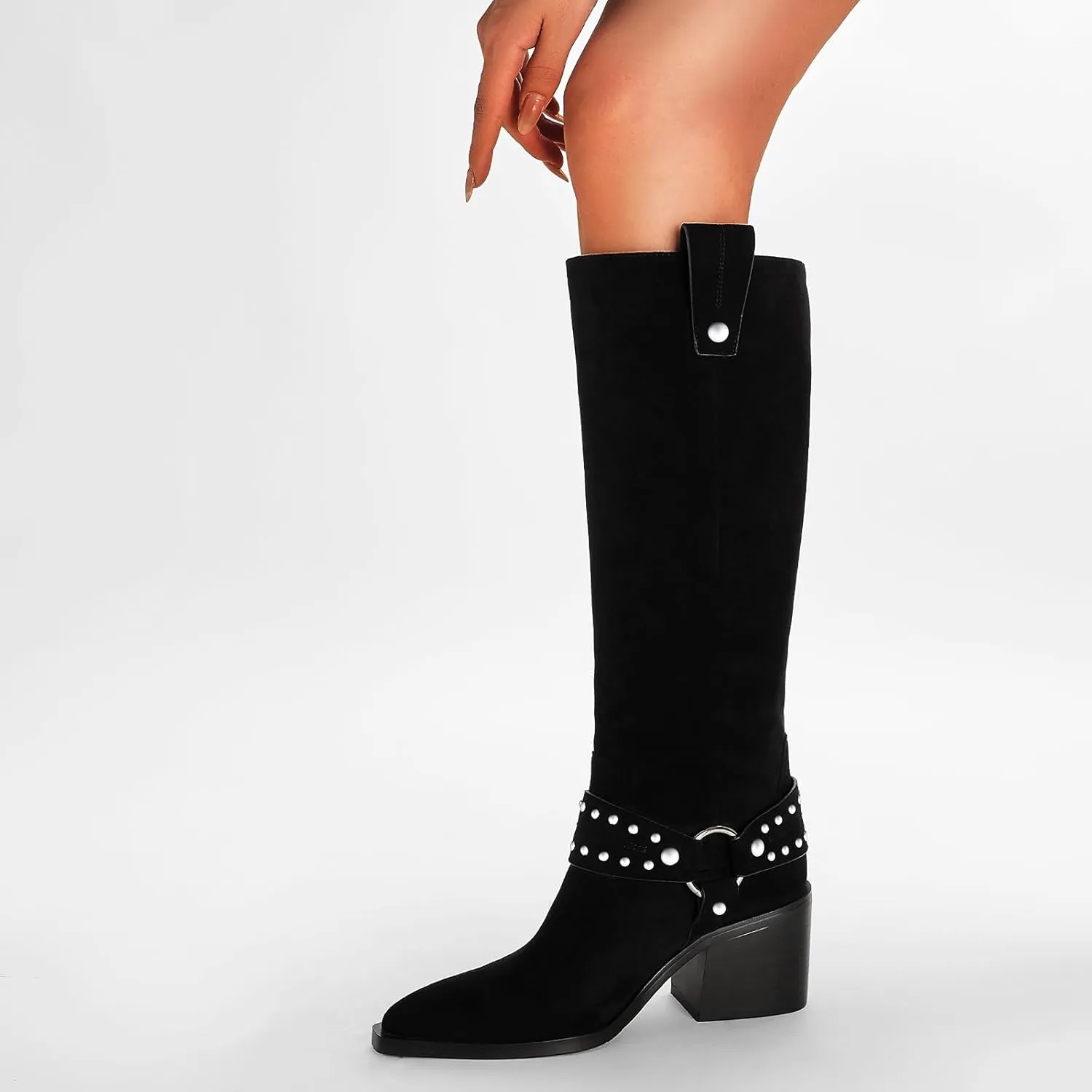 GOSERCE Suede Knee High Boots for Women Pointed Toe Chunky Heel Tall Fall Boots Side Zipper with stud Details Black