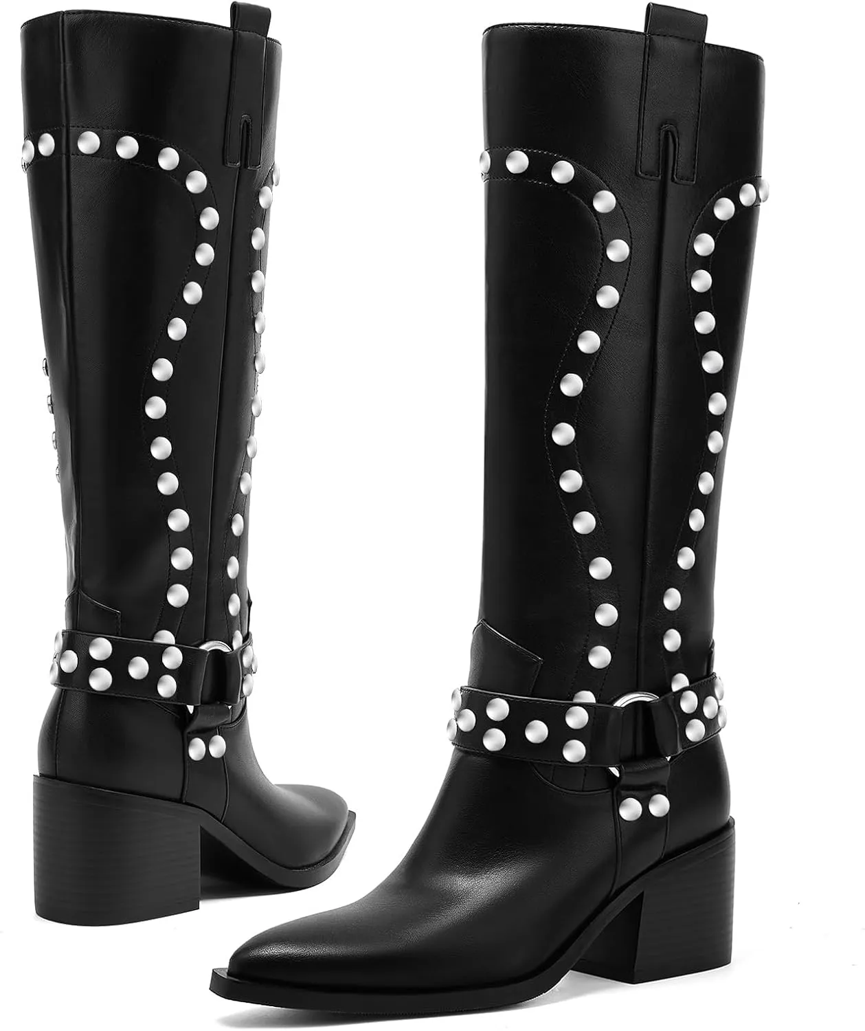 GOSERCE Suede Knee High Boots for Women Pointed Toe Chunky Heel Tall Fall Boots Side Zipper with stud Details Black