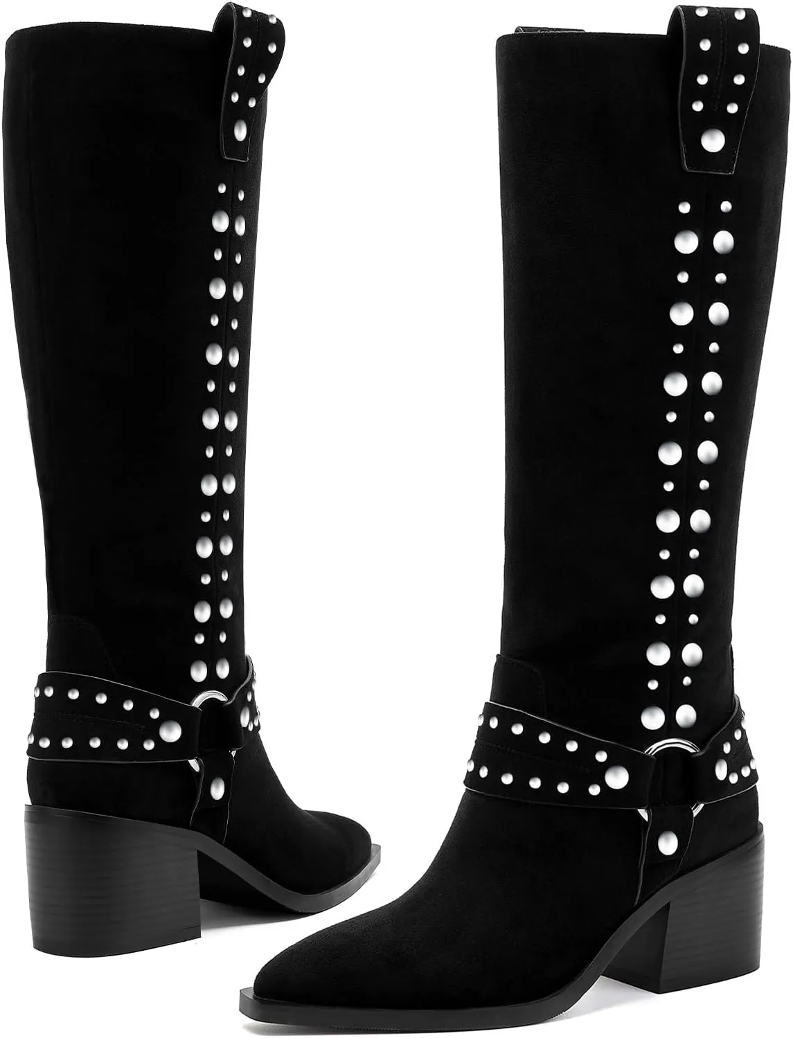 GOSERCE Suede Knee High Boots for Women Pointed Toe Chunky Heel Tall Fall Boots Side Zipper with stud Details Black
