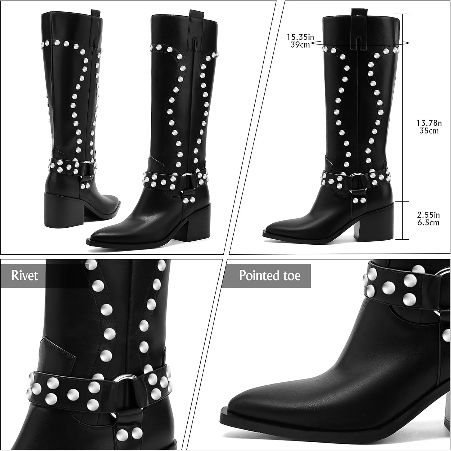 GOSERCE Suede Knee High Boots for Women Pointed Toe Chunky Heel Tall Fall Boots Side Zipper with stud Details Black
