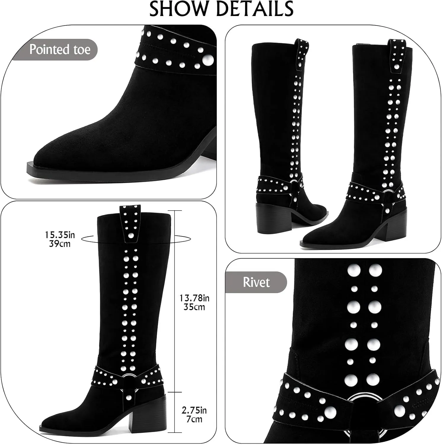 GOSERCE Suede Knee High Boots for Women Pointed Toe Chunky Heel Tall Fall Boots Side Zipper with stud Details Black