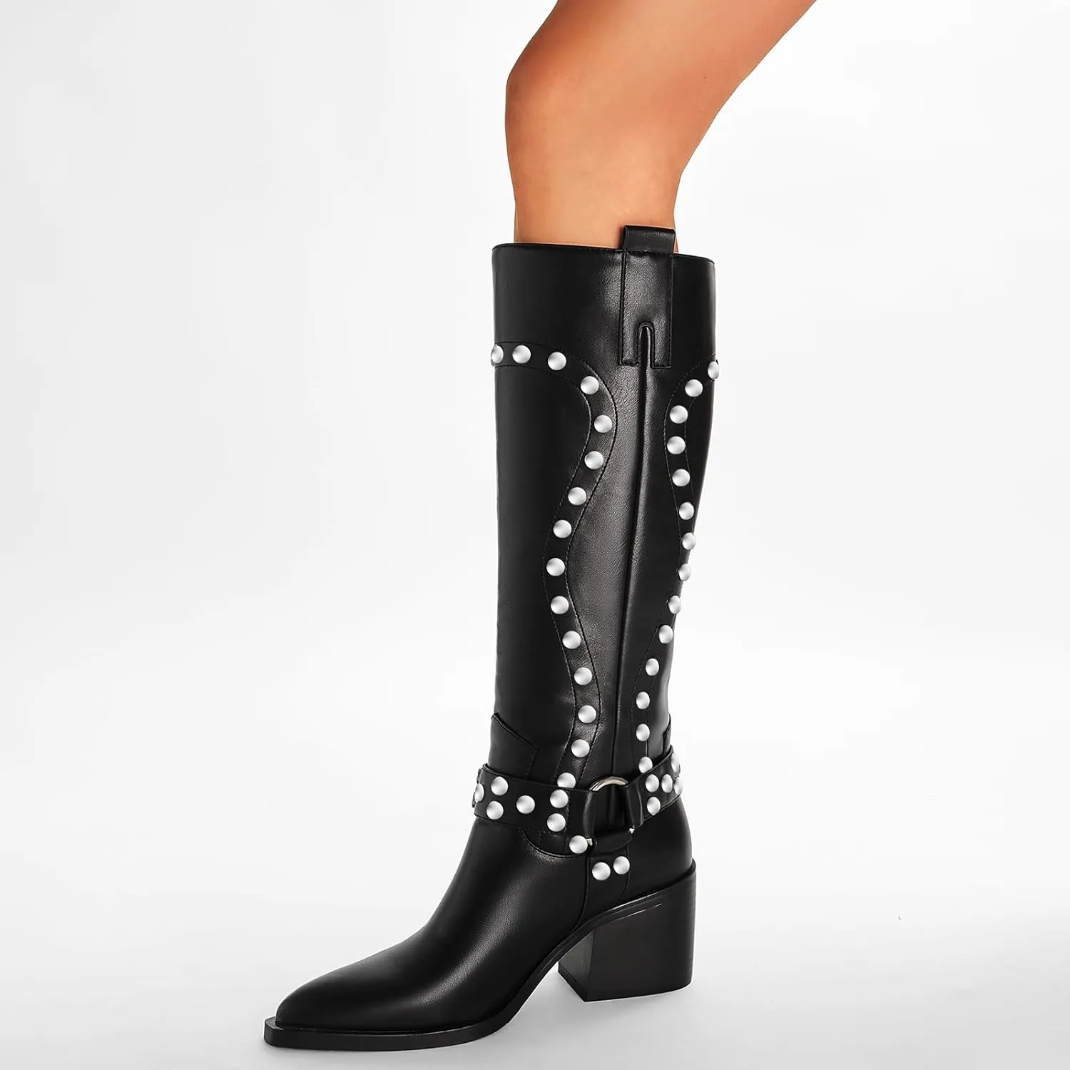 GOSERCE Suede Knee High Boots for Women Pointed Toe Chunky Heel Tall Fall Boots Side Zipper with stud Details Black