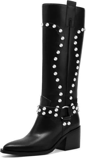 GOSERCE Suede Knee High Boots for Women Pointed Toe Chunky Heel Tall Fall Boots Side Zipper with stud Details Black