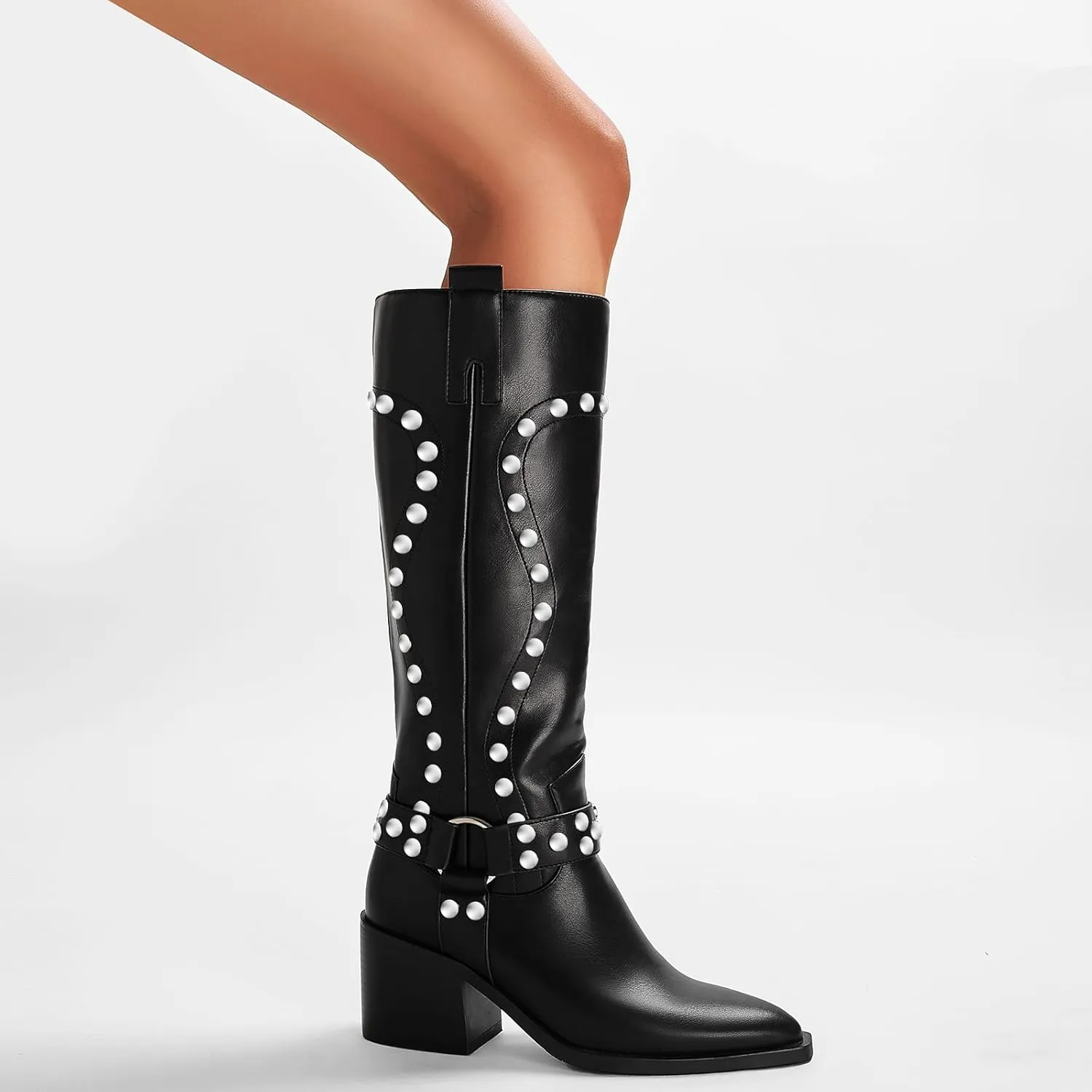 GOSERCE Suede Knee High Boots for Women Pointed Toe Chunky Heel Tall Fall Boots Side Zipper with stud Details Black