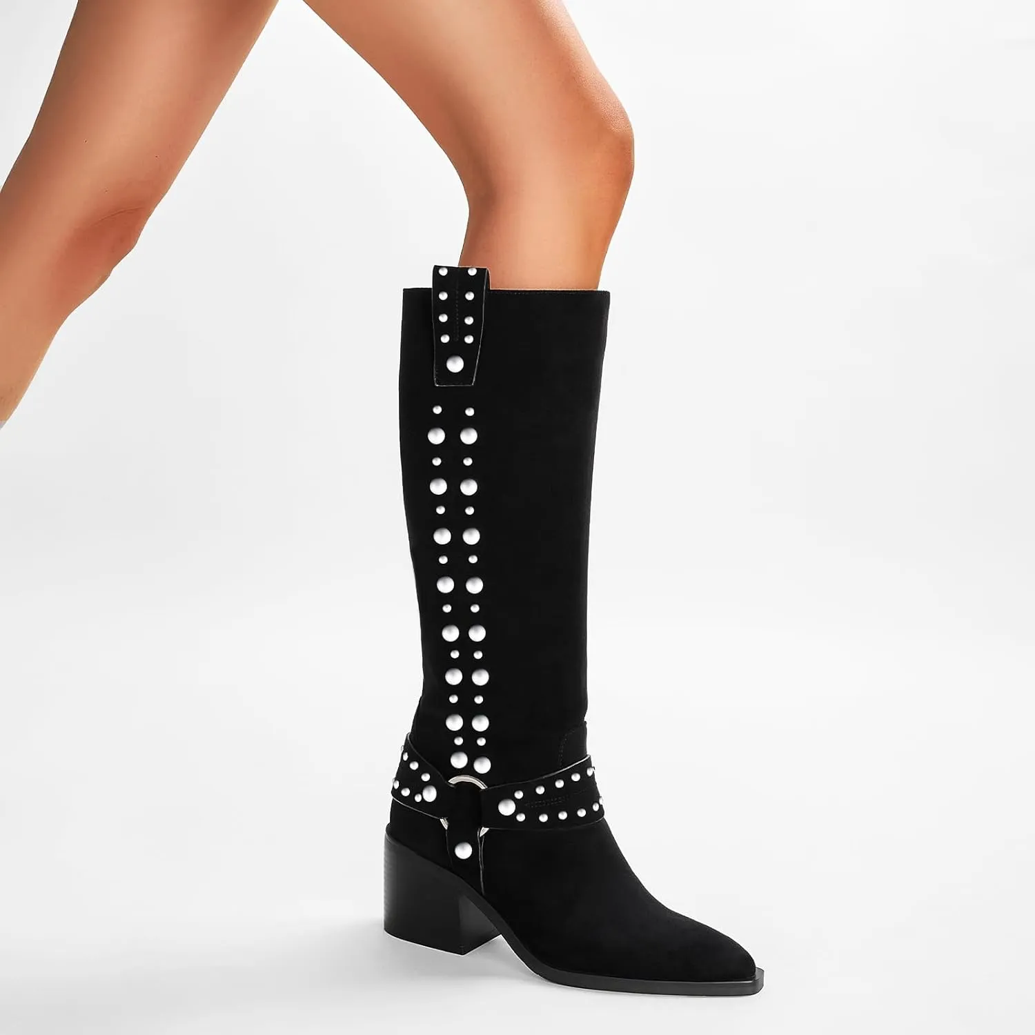 GOSERCE Suede Knee High Boots for Women Pointed Toe Chunky Heel Tall Fall Boots Side Zipper with stud Details Black