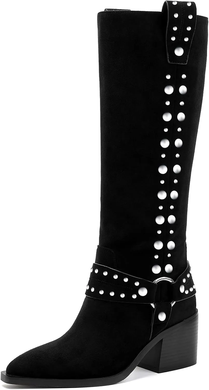GOSERCE Suede Knee High Boots for Women Pointed Toe Chunky Heel Tall Fall Boots Side Zipper with stud Details Black