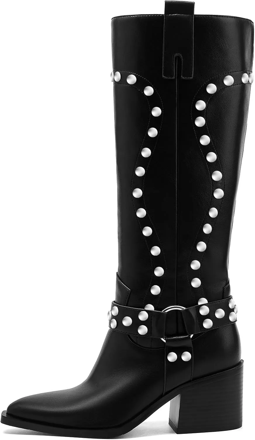 GOSERCE Suede Knee High Boots for Women Pointed Toe Chunky Heel Tall Fall Boots Side Zipper with stud Details Black