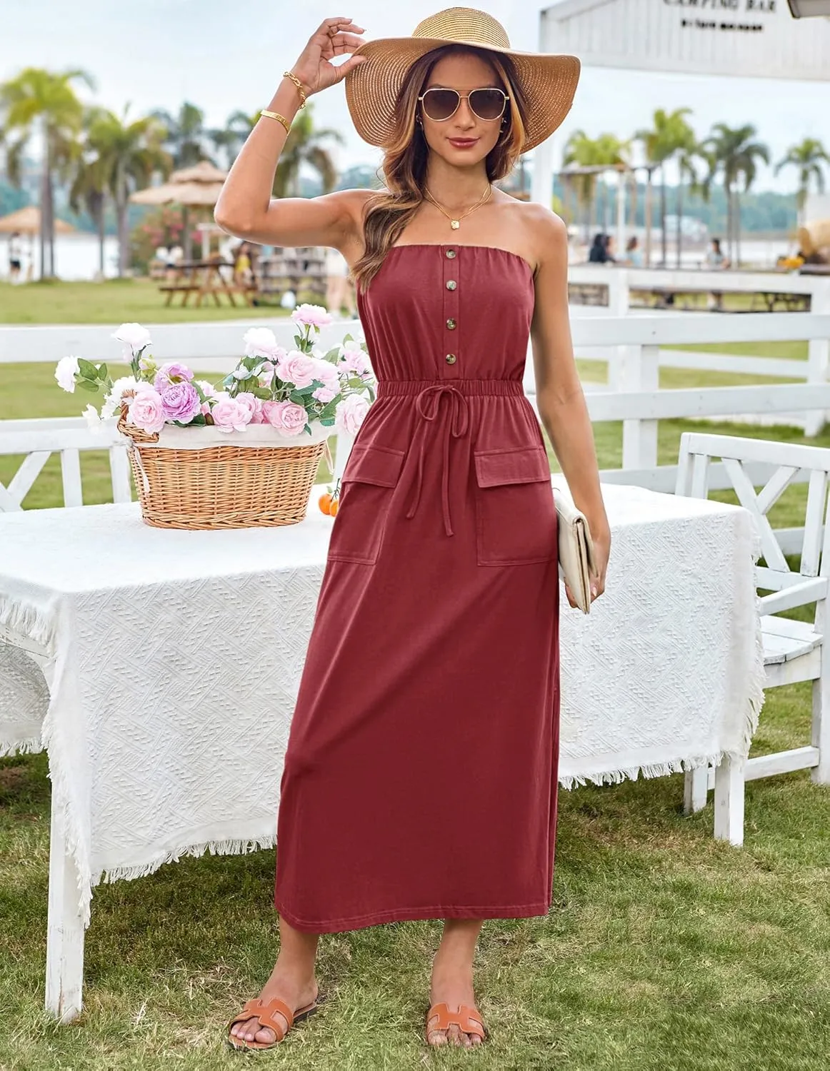 GRACE KARIN 2025 Summer Women's Strapless Maxi Dress Elastic Waist Side Slit Casual Cotton Summer Dress with Pockets