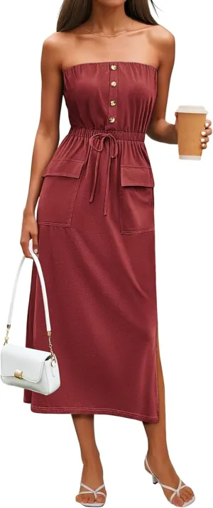 GRACE KARIN 2025 Summer Women's Strapless Maxi Dress Elastic Waist Side Slit Casual Cotton Summer Dress with Pockets