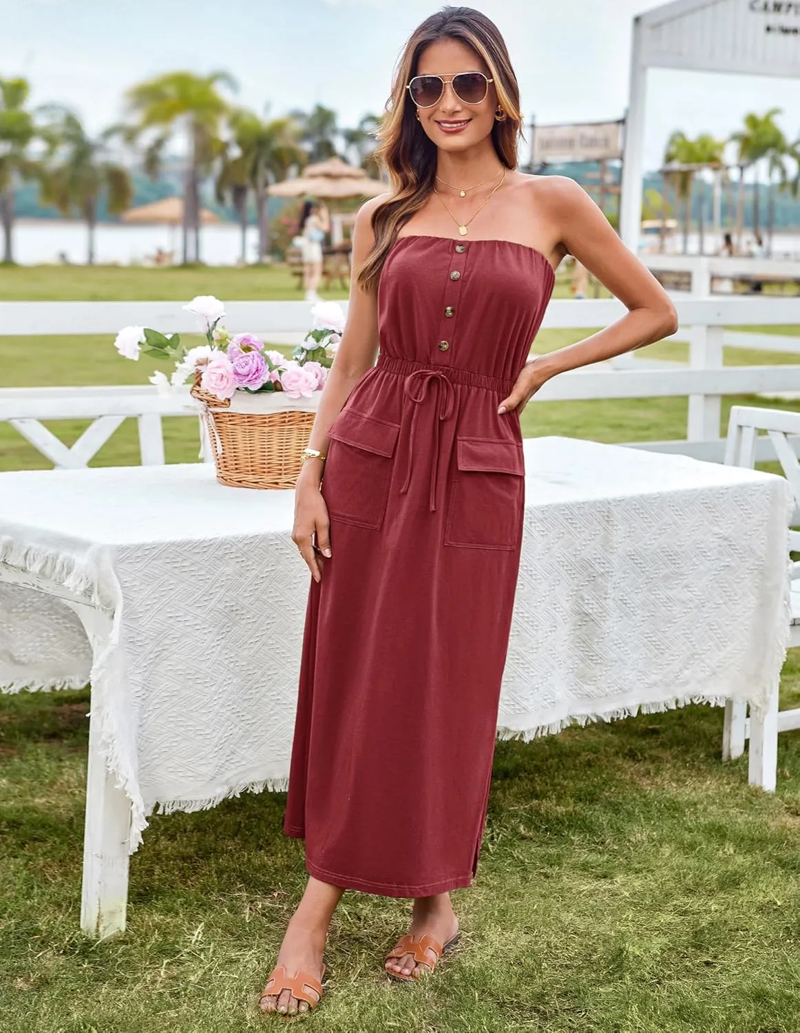 GRACE KARIN 2025 Summer Women's Strapless Maxi Dress Elastic Waist Side Slit Casual Cotton Summer Dress with Pockets