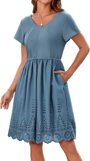 GRACE KARIN Women Casual Short Sleeve Dresses Summer Dress Solid Color Relaxed Fit Mini Dresses Blue S