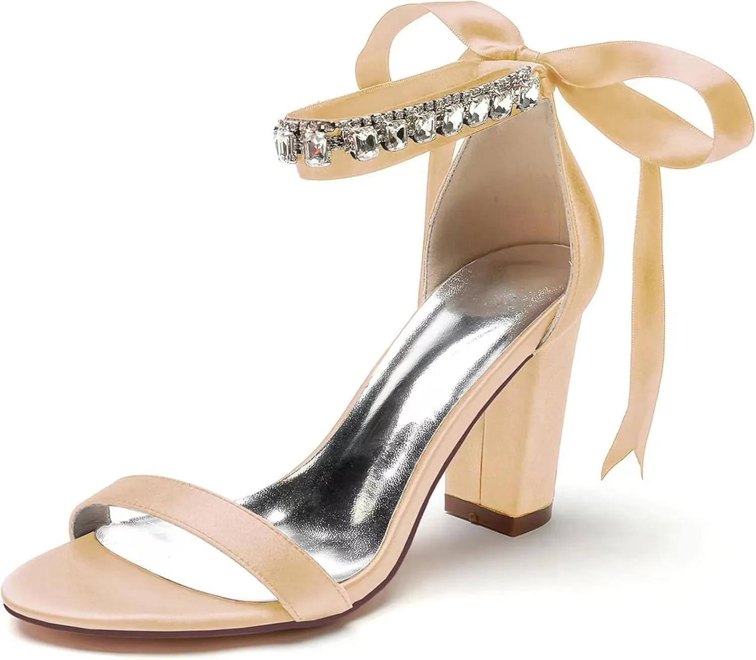 Hanfike Womens Formal Sandals Chunky High Heel Ankle Chain Bridal Wedding Shoes with Ribbon JY135