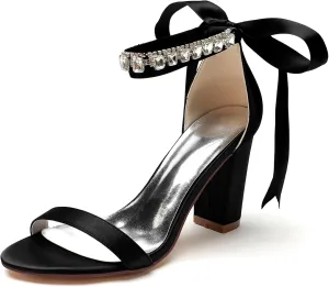 Hanfike Womens Formal Sandals Chunky High Heel Ankle Chain Bridal Wedding Shoes with Ribbon JY135