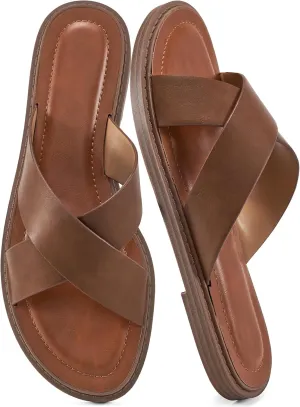 HARENCE Womens Flat Slides Sandals: Dressy Summer Slip On Flats Shoes Comfortable Open Toe Walking Beach Slide Sandal