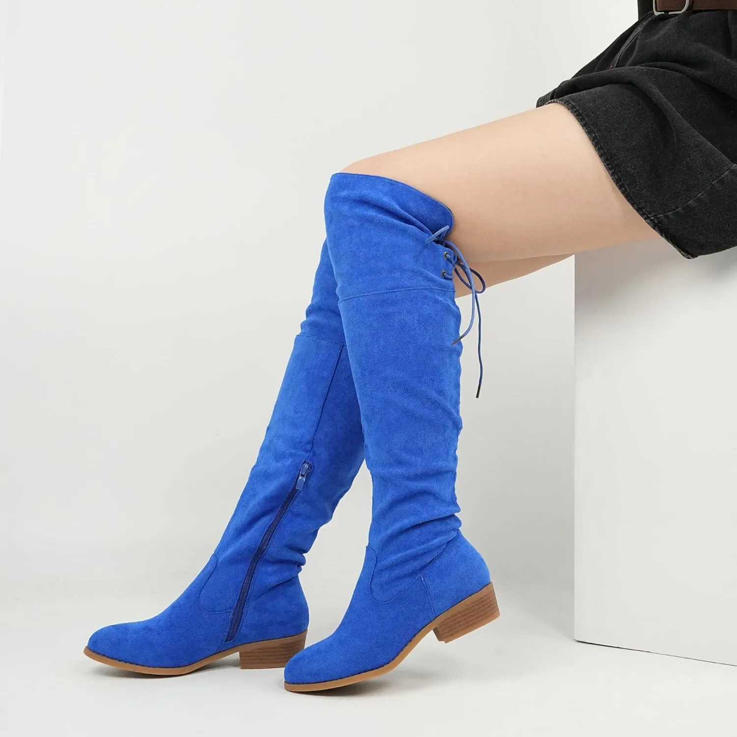Hawkwell Women's Thigh High Fashion Boots Over The Knee Black Low Flat Heel Boots