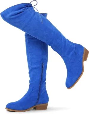 Hawkwell Women's Thigh High Fashion Boots Over The Knee Black Low Flat Heel Boots
