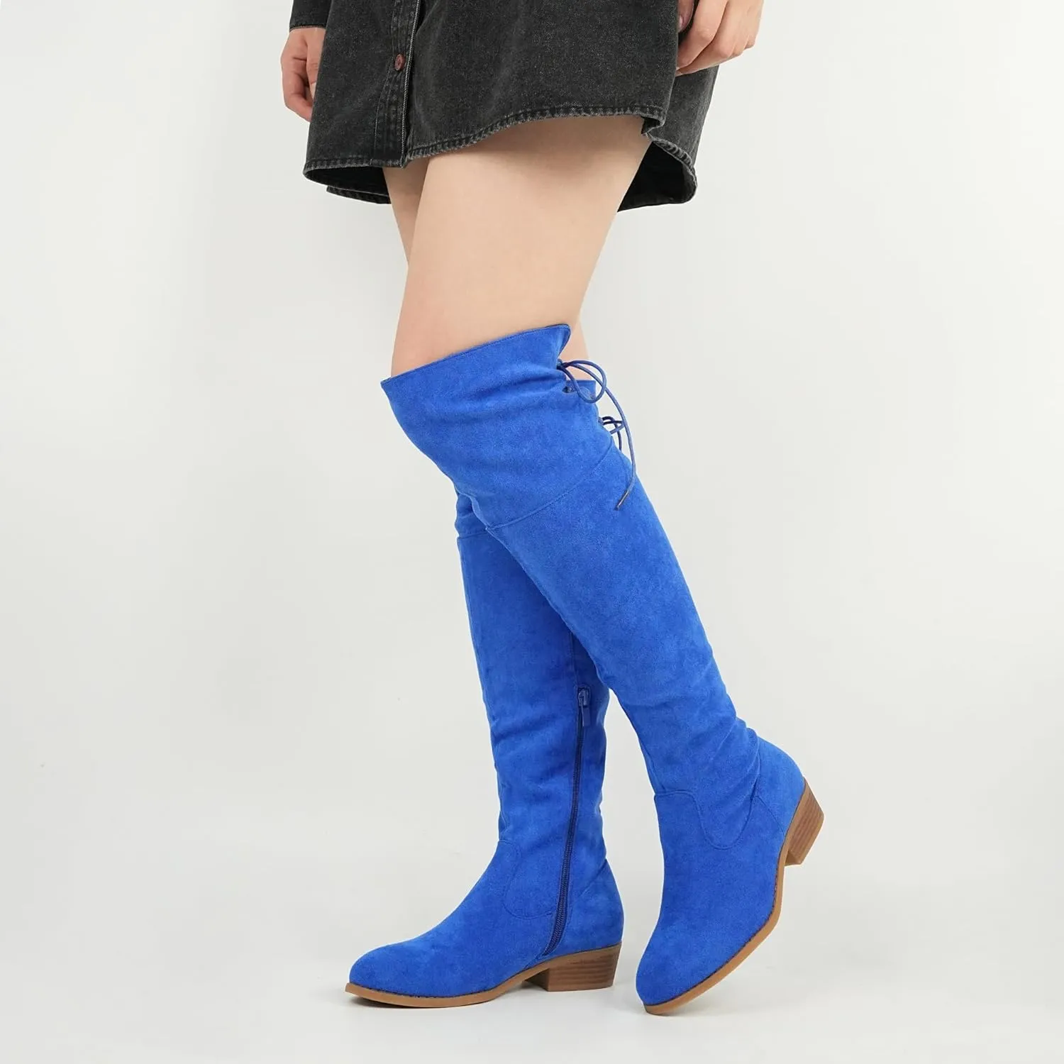 Hawkwell Women's Thigh High Fashion Boots Over The Knee Black Low Flat Heel Boots