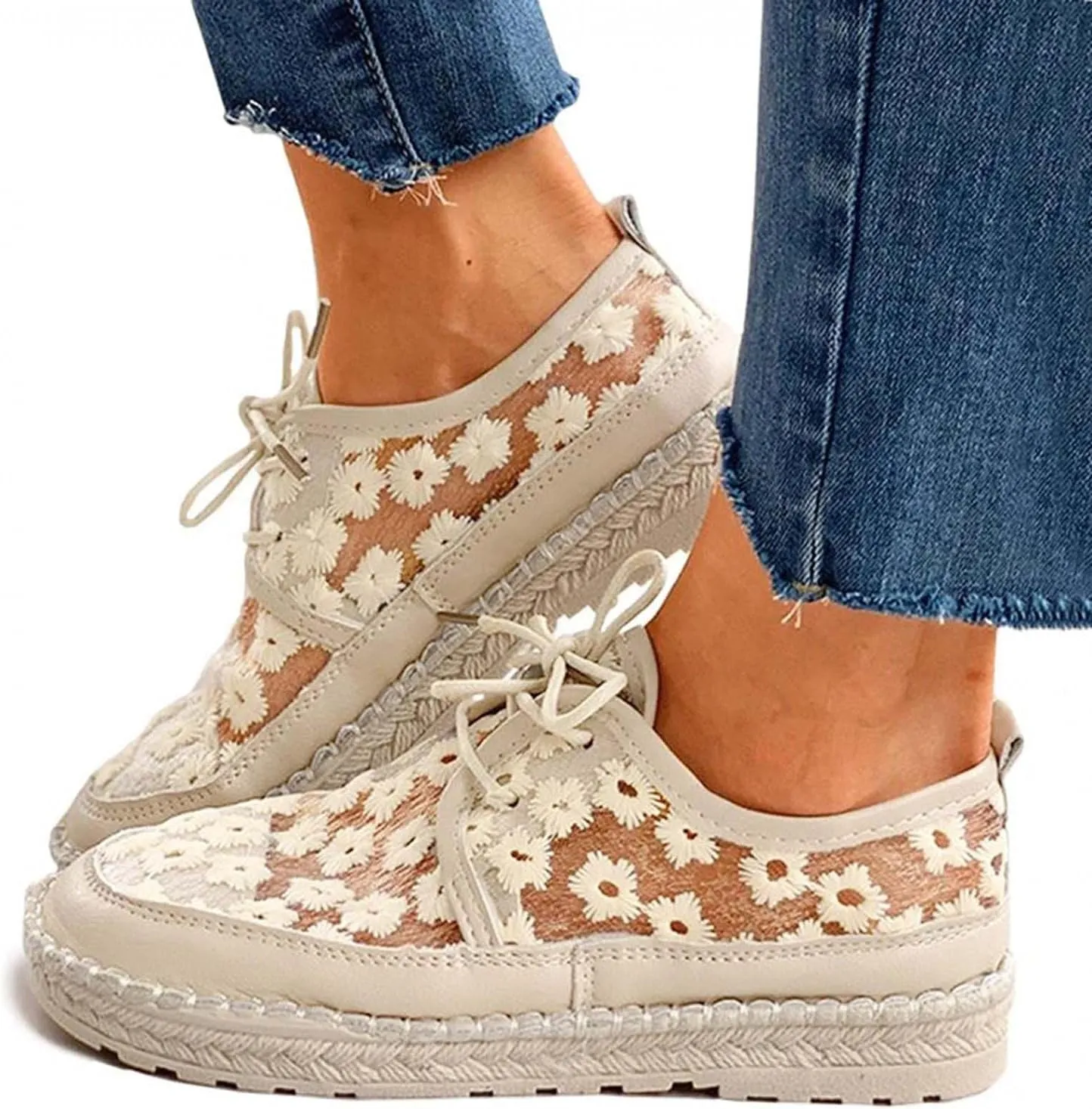 Hbeylia Platform Espadrilles Fashion Sneakers For Women Girls Flower Embroidered Lace Breathable Lace Up Low Top Play Sneakers Canvas Shoes Casual Leather Slip On Walking Shoes Loafers