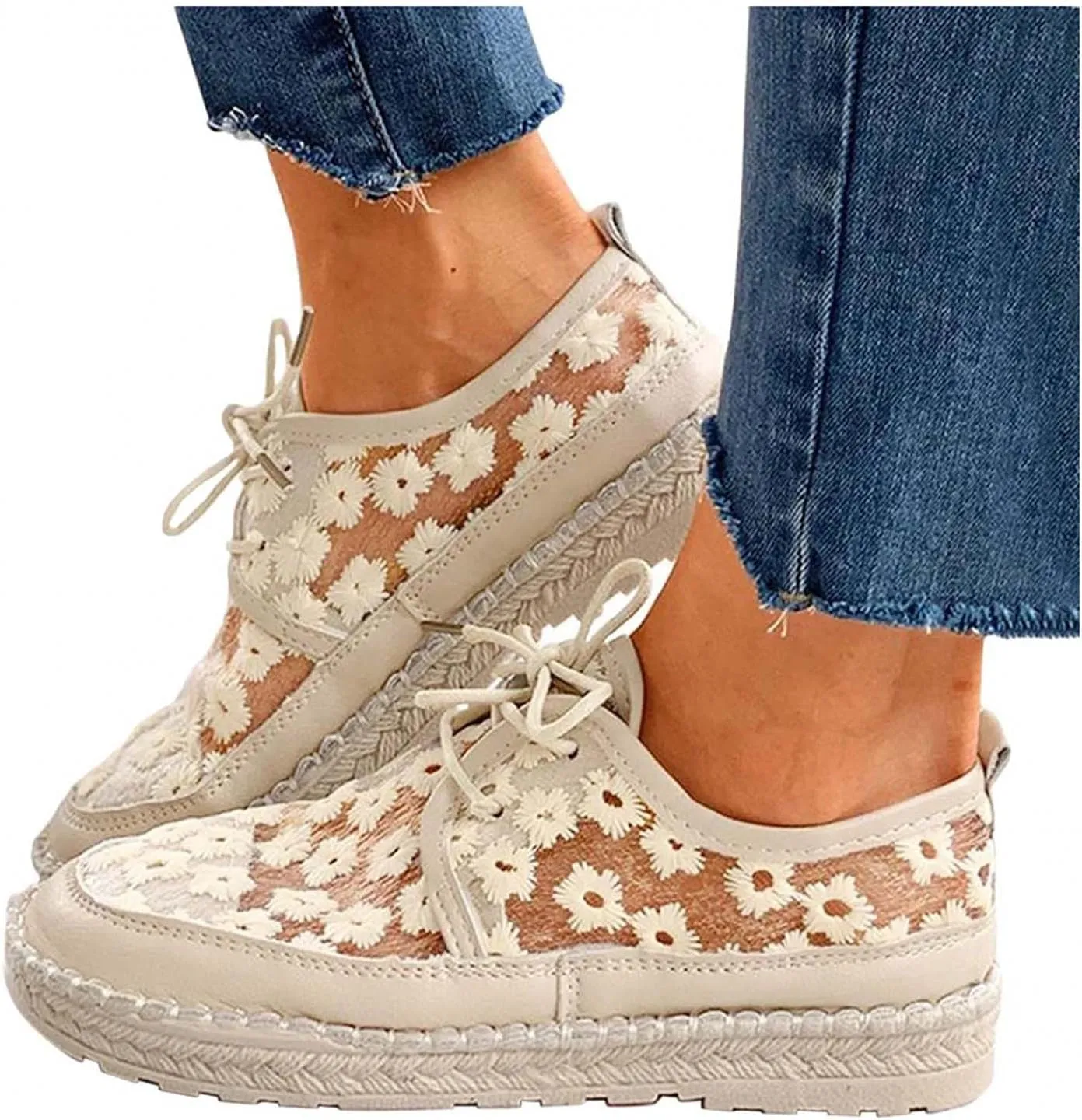 Hbeylia Platform Espadrilles Fashion Sneakers For Women Girls Flower Embroidered Lace Breathable Lace Up Low Top Play Sneakers Canvas Shoes Casual Leather Slip On Walking Shoes Loafers