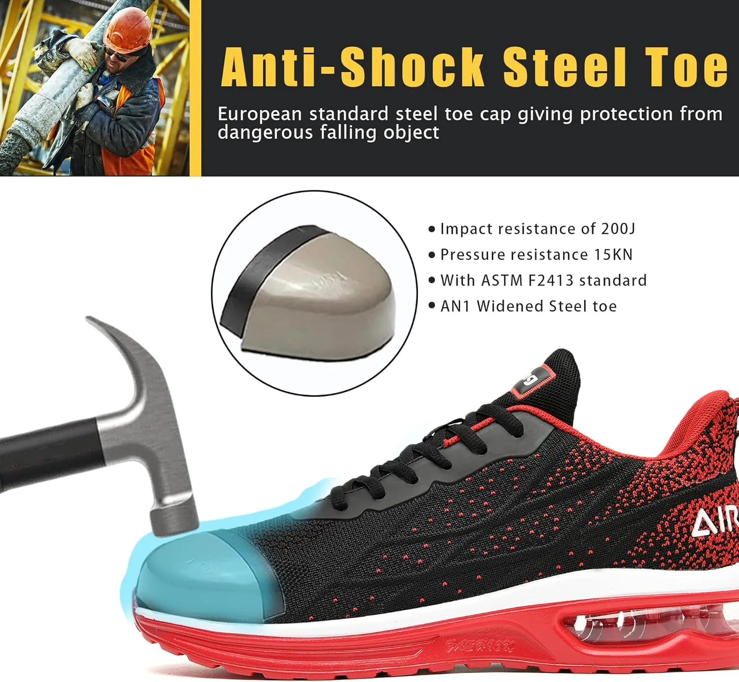 HiHatide Steel Toe Shoes for Men Work Shoes Safety Sneakers Air Cushion Lightweight Slip Resistant Breathable Comfortable