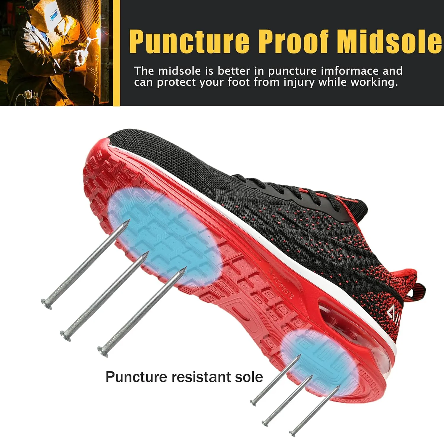 HiHatide Steel Toe Shoes for Men Work Shoes Safety Sneakers Air Cushion Lightweight Slip Resistant Breathable Comfortable