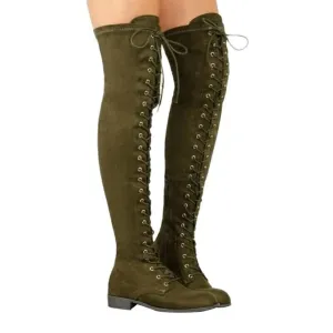 HINDOLA Women's Over The Knee Thigh High Boots Lace up Suede Chunky Heel Stretch Knight Boots Fashion Long Riding Boots