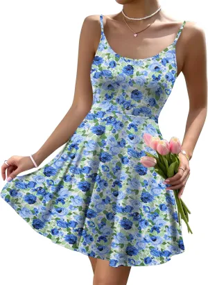 HOTOUCH Women's Summer Dress Adjustable Spaghetti Strap Floral Mini Casual Dress with Pockets Fit & Flare Beach Sundress