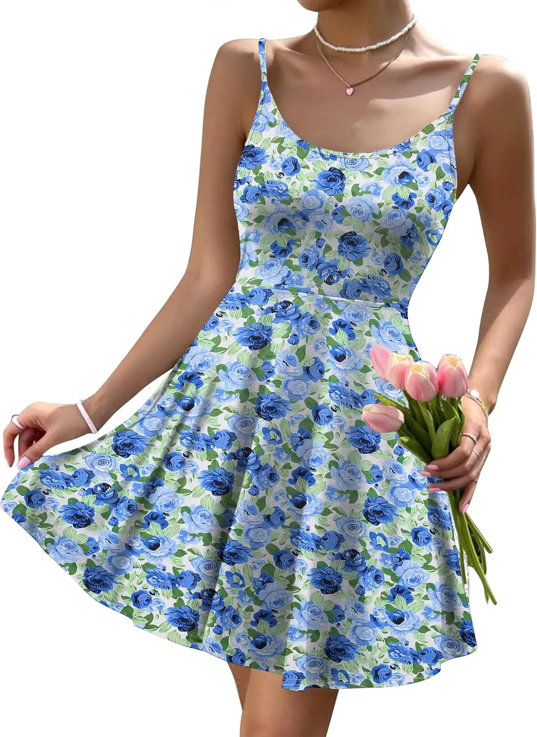 HOTOUCH Women's Summer Dress Adjustable Spaghetti Strap Floral Mini Casual Dress with Pockets Fit & Flare Beach Sundress