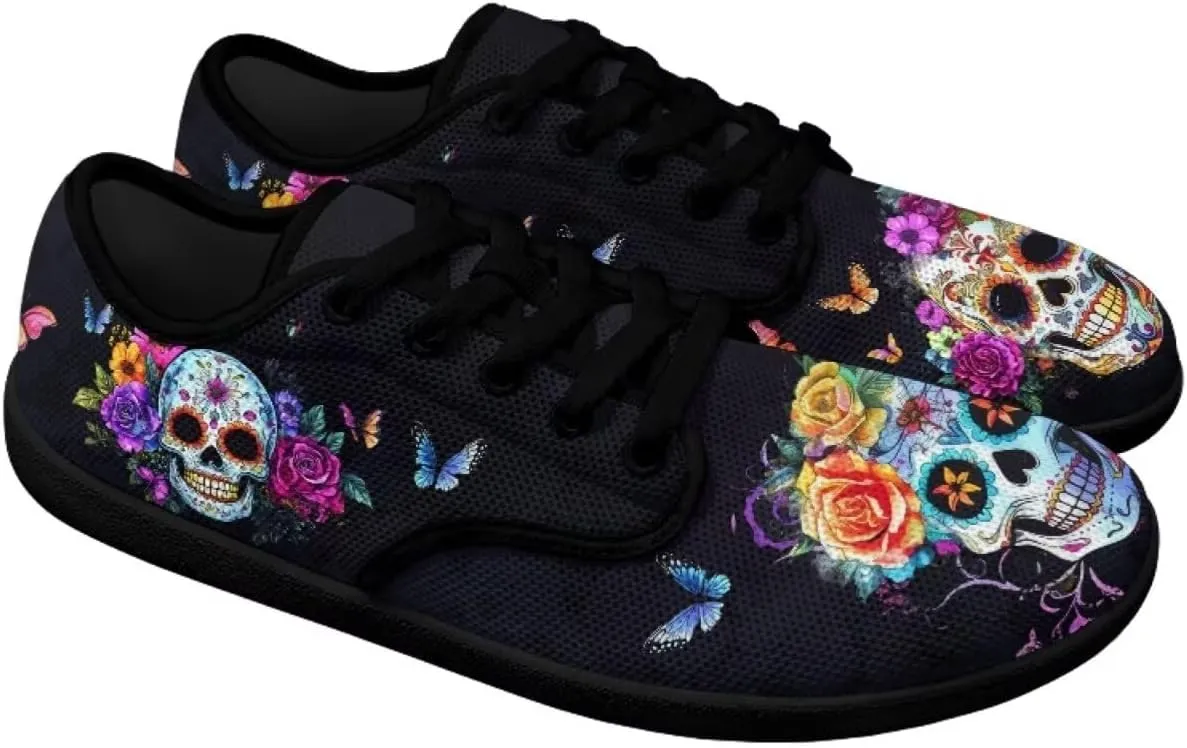 Howilath Gothic Skul Barefoot Shoes Women Lace up Walking Flat Shoes Casual Loafers Running Sneakers