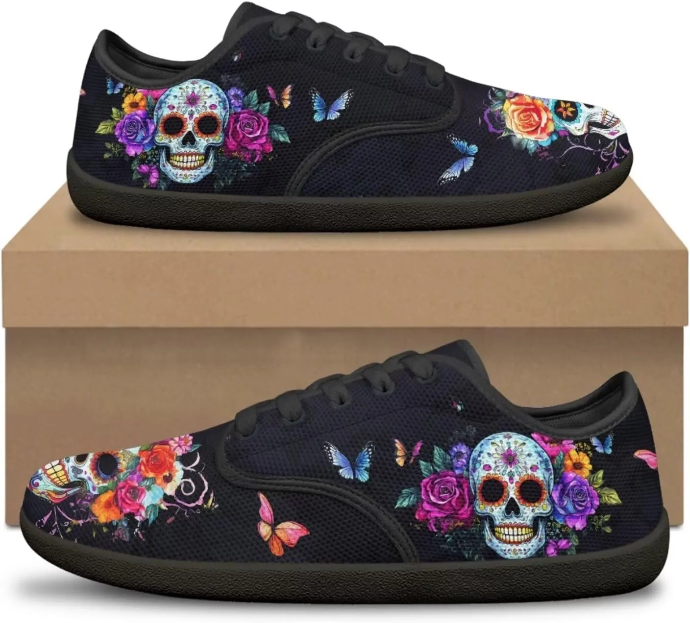 Howilath Gothic Skul Barefoot Shoes Women Lace up Walking Flat Shoes Casual Loafers Running Sneakers