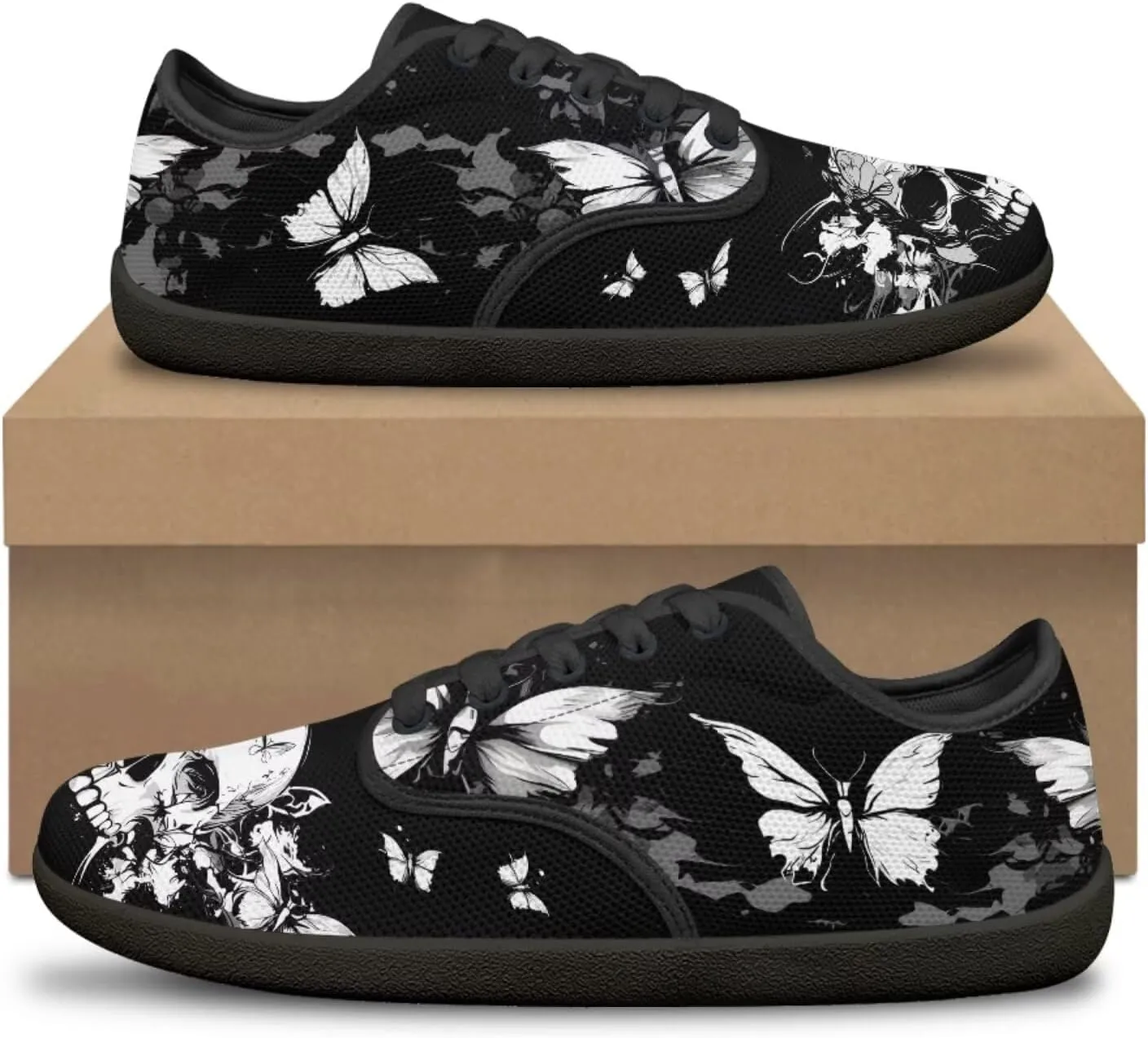 Howilath Gothic Skul Barefoot Shoes Women Lace up Walking Flat Shoes Casual Loafers Running Sneakers