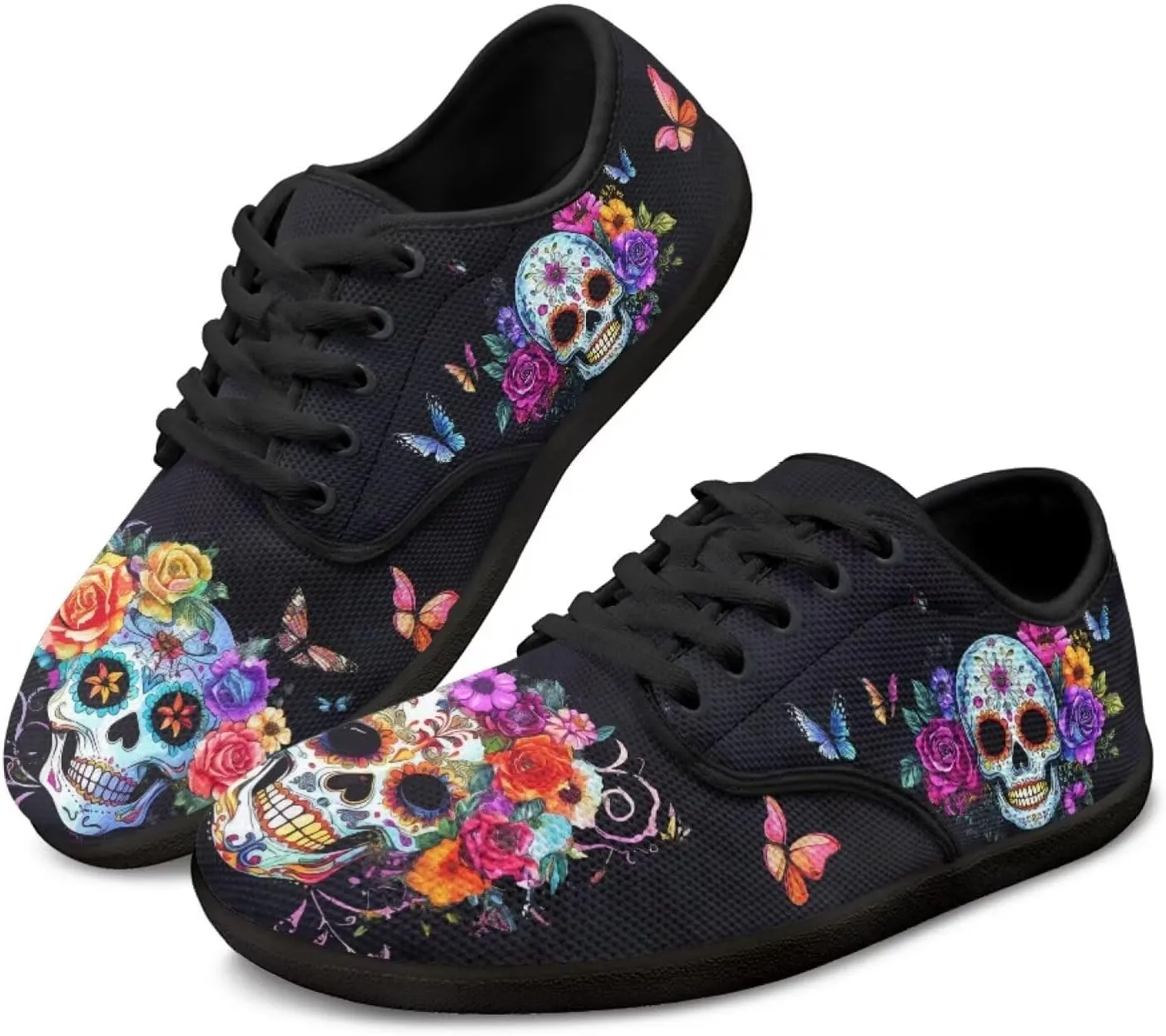 Howilath Gothic Skul Barefoot Shoes Women Lace up Walking Flat Shoes Casual Loafers Running Sneakers