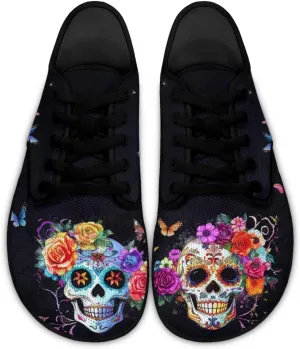 Howilath Gothic Skul Barefoot Shoes Women Lace up Walking Flat Shoes Casual Loafers Running Sneakers